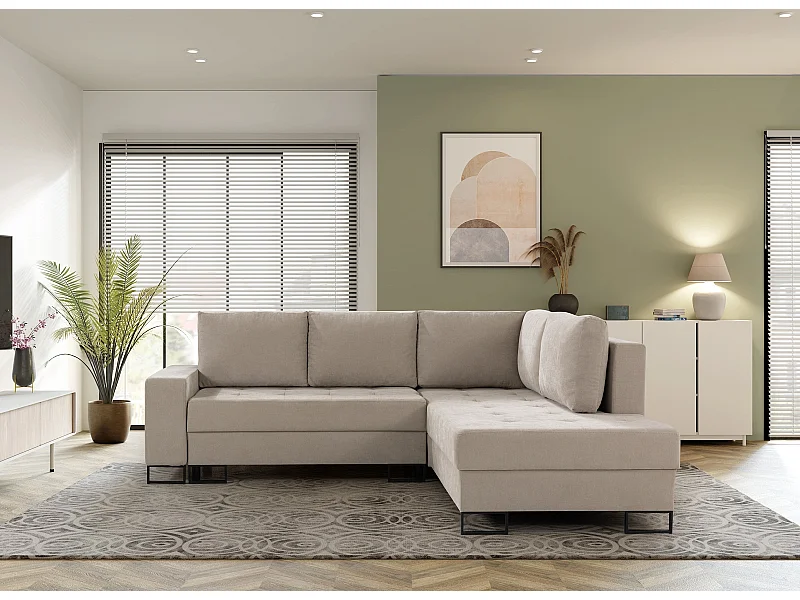 Hoekbank met Slaapfunctie Rechts Trevi - Chenille Beige Wind 05 - Metalen Poten