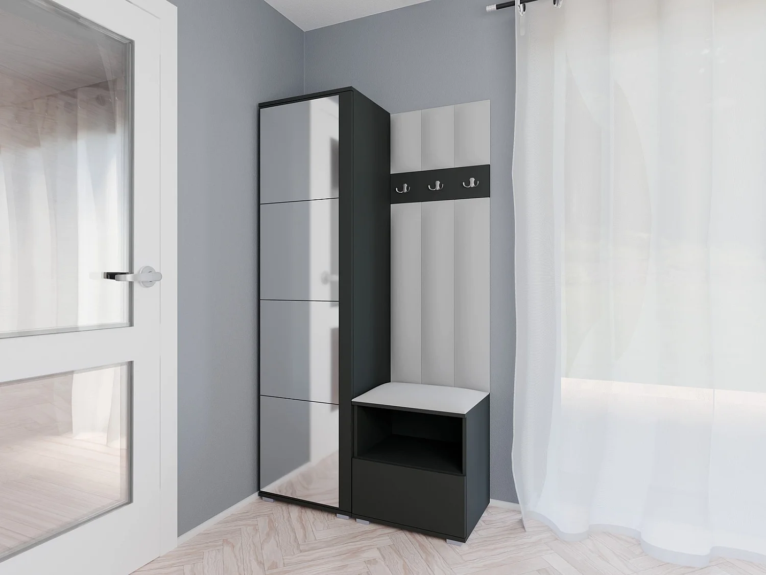 Garderobe Nela I LUX mit Spiegel - 100 cm - Graphit - Trinity 32 - Hellgrau