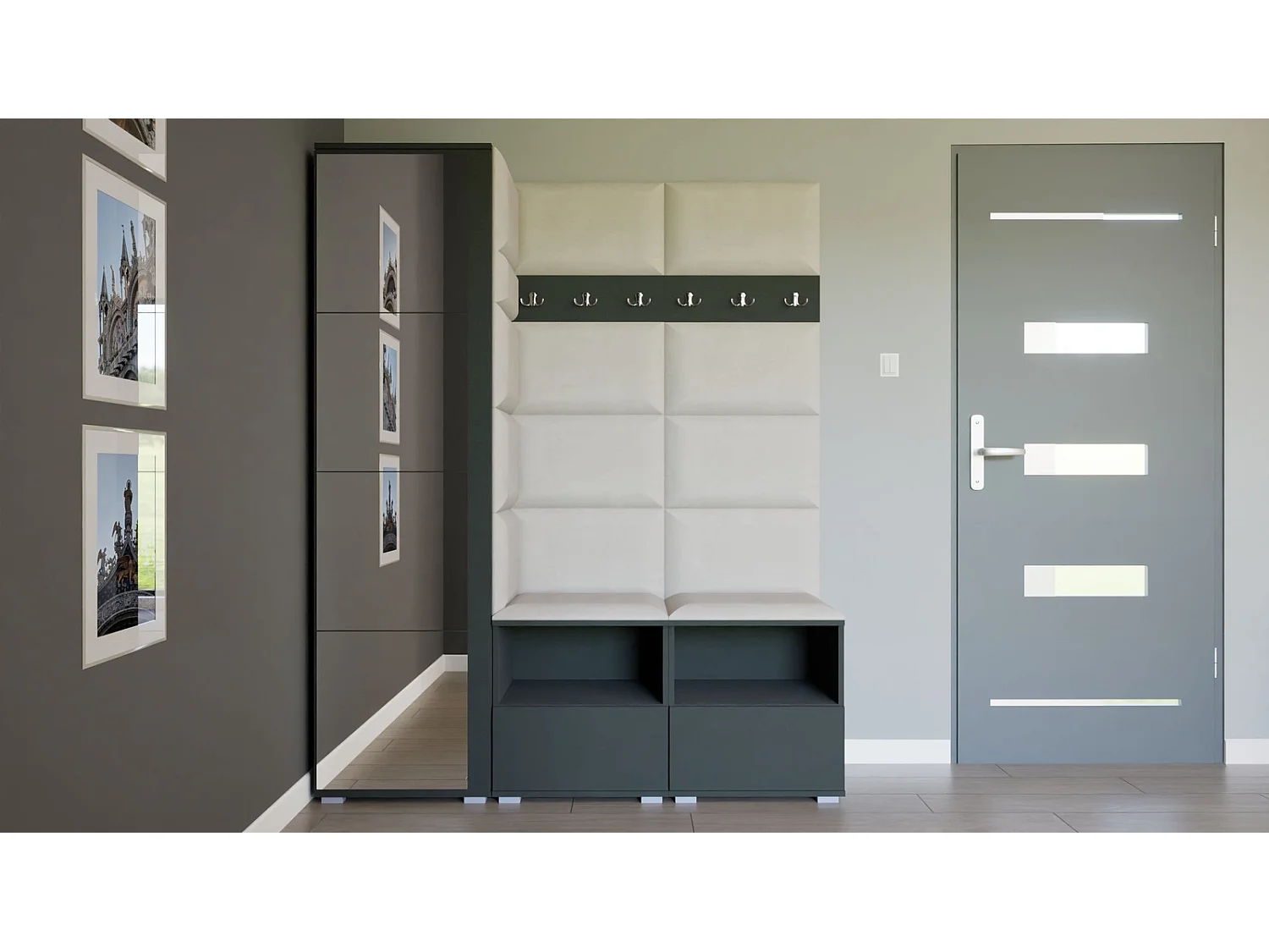 Garderobe Nela II mit Spiegel - 150 cm - Graphit - Trinity 01 - Creme