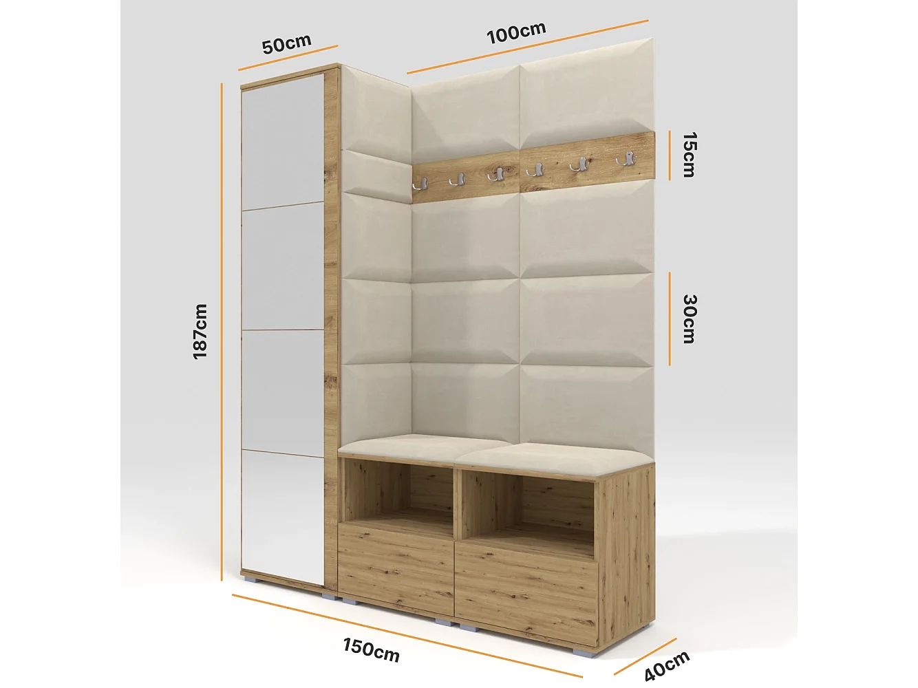 Garderobe Nela II mit Spiegel - 150 cm - Graphit - Trinity 01 - Creme