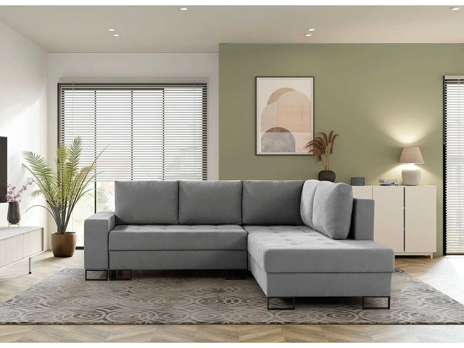 Hoekbank met Slaapfunctie Links Trevi - Chenille Grijs Wind 90 - Metalen Poten