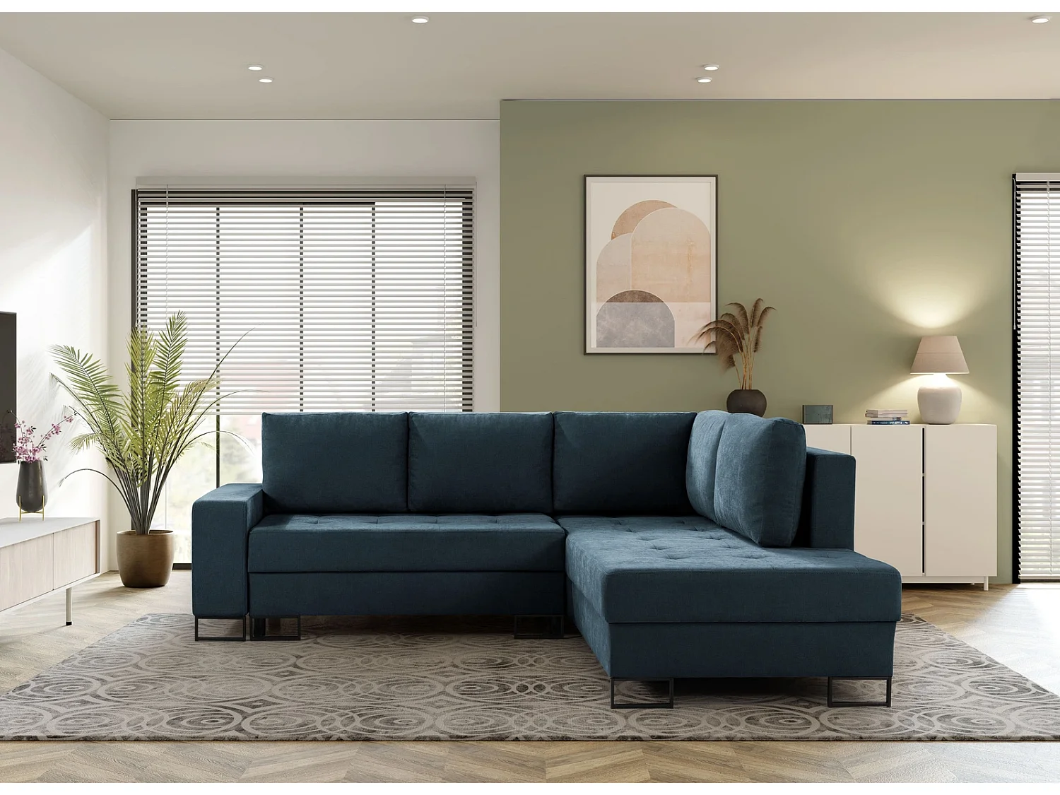 Hoekbank met Slaapfunctie Rechts Trevi - Chenille Donkerblauw Wind 77 - Metalen Poten