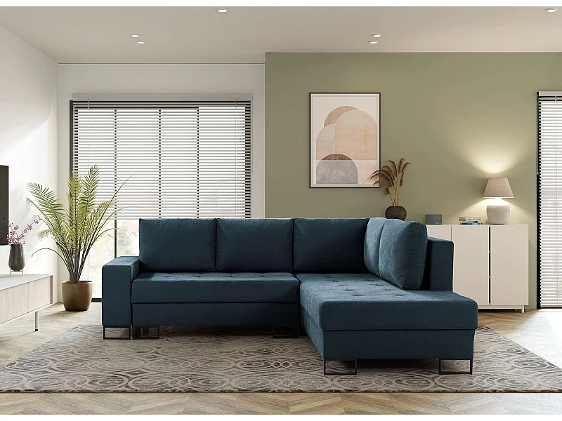 Hoekbank met Slaapfunctie Rechts Trevi - Chenille Donkerblauw Wind 77 - Metalen Poten