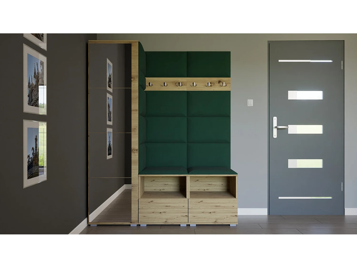 Halcombinatie Nela II met spiegel - 150 cm - Artisan Eiken - Trinity 28 - Flessengroen