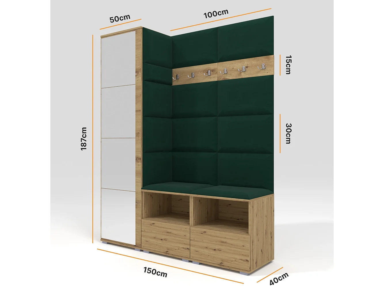 Halcombinatie Nela II met spiegel - 150 cm - Artisan Eiken - Trinity 28 - Flessengroen