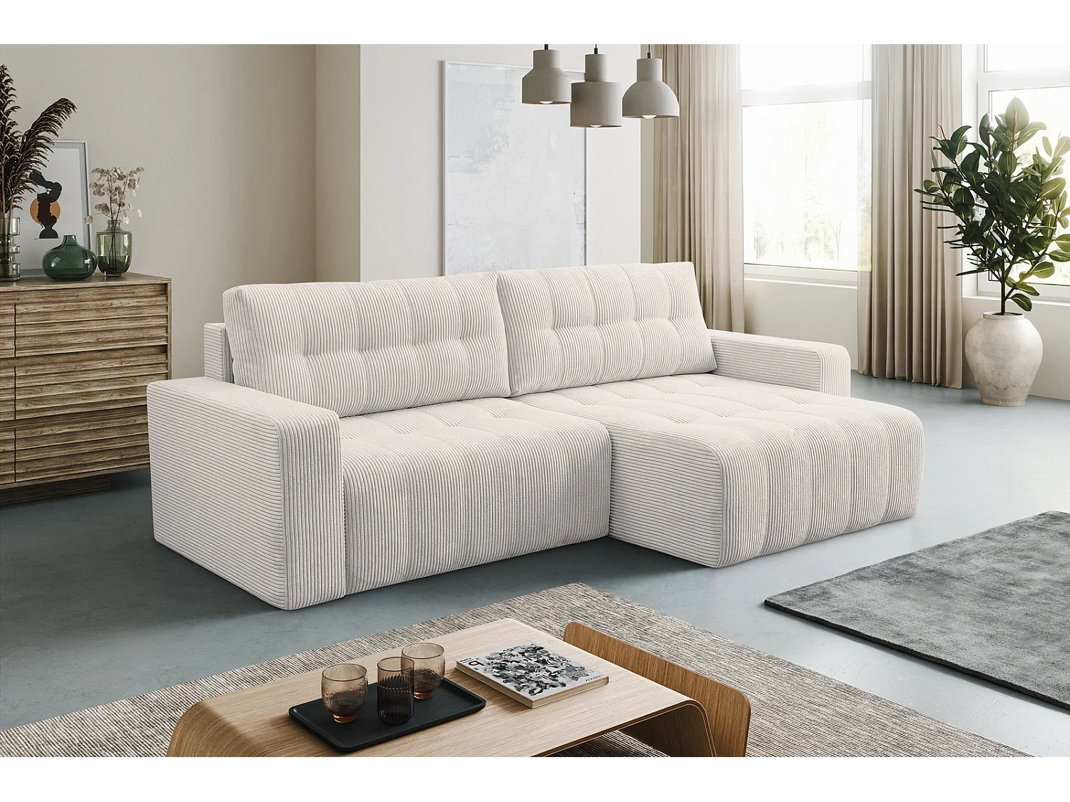 Hoekbank met Slaapfunctie Palermo - Ribfluweel Crème Poso 100 - Opbergruimte