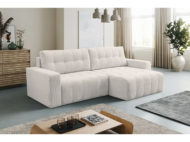 Hoekbank met Slaapfunctie Palermo - Ribfluweel Crème Poso 100 - Opbergruimte