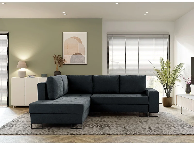 Ecksofa mit Schlaffunktion Links Trevi - Chenille Schwarz Wind 99 - Metallfüße