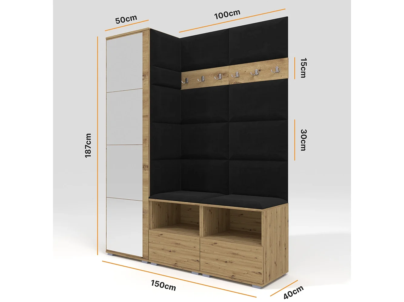 Halcombinatie Nela II met spiegel - 150 cm - Artisan Eiken - Trinity 16 - Zwart