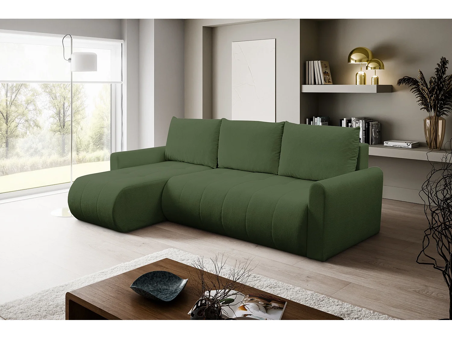 Ecksofa mit Schlaffunktion Primo - Webstoff Grün Gerra 50 - Bettkasten