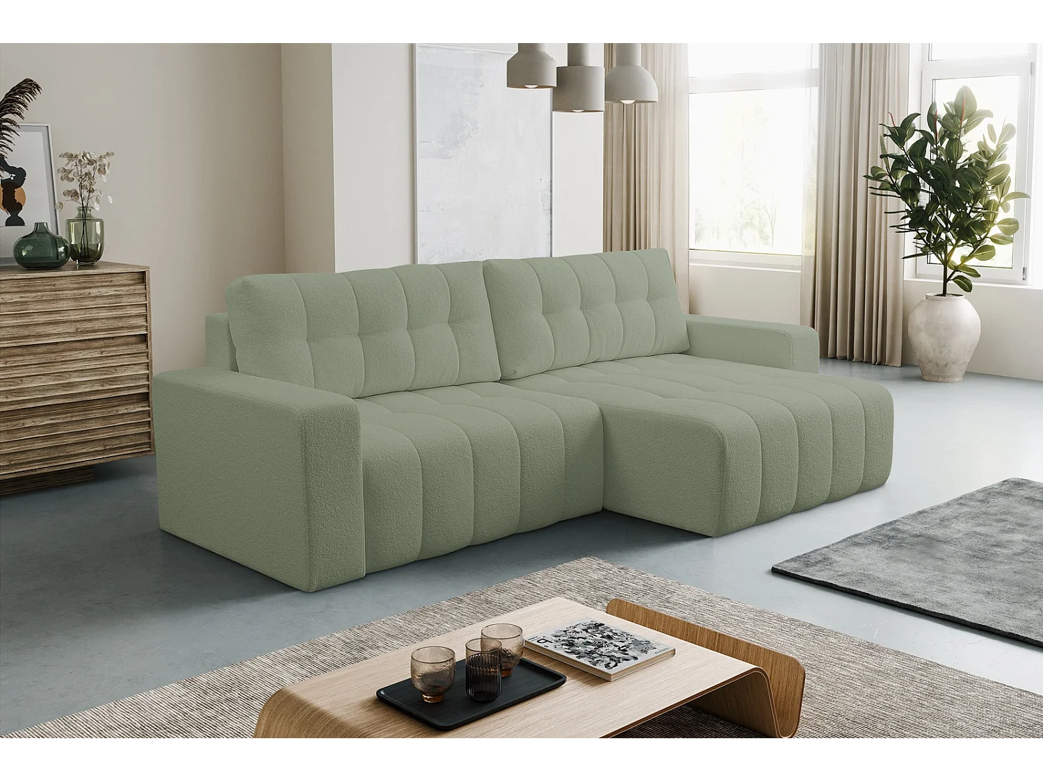 Ecksofa mit Schlaffunktion Palermo - Stoff Bravo 36 Hellgrün - Bettkasten