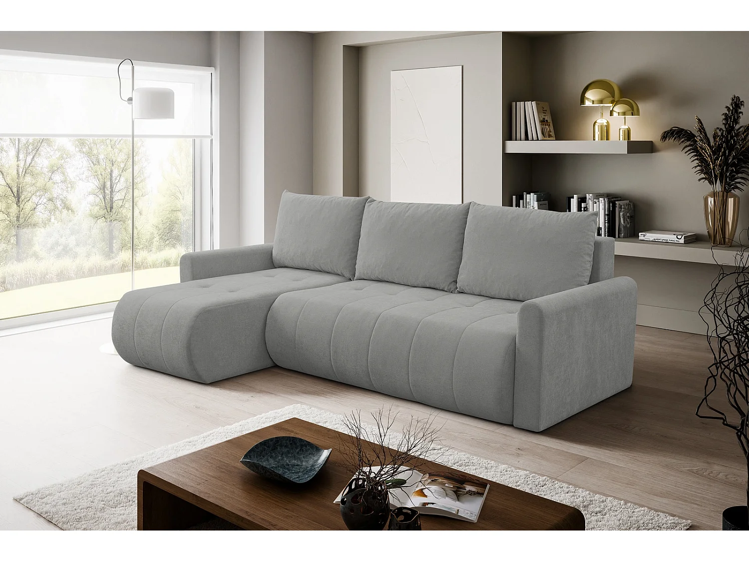 Hoekbank met Slaapfunctie Primo - Chenille Staalgrijs Wind 90 - Opbergruimte