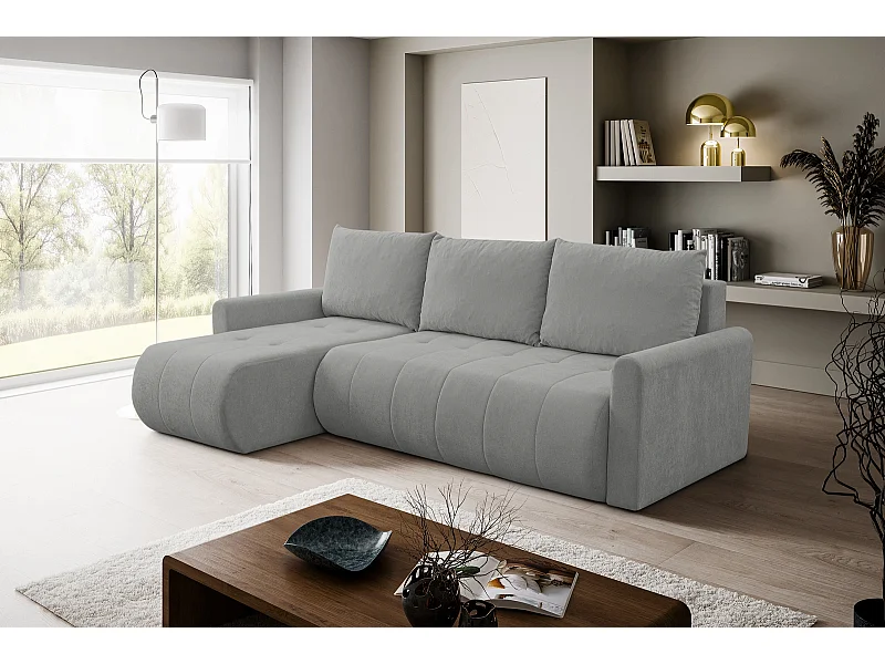 Hoekbank met Slaapfunctie Primo - Chenille Staalgrijs Wind 90 - Opbergruimte