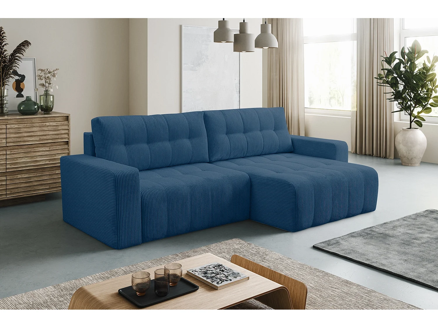 Hoekbank met Slaapfunctie Palermo - Ribfluweel Blauw Poso 05 - Opbergruimte