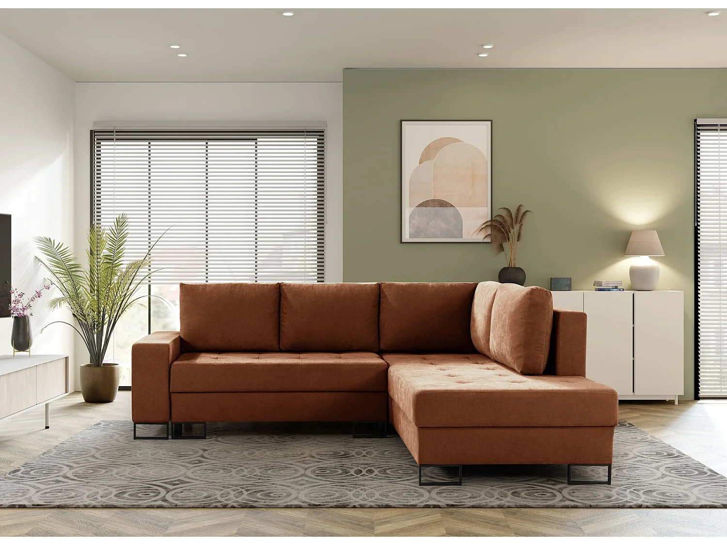 Hoekbank met Slaapfunctie Rechts Trevi - Chenille Roest Wind 56 - Metalen Poten
