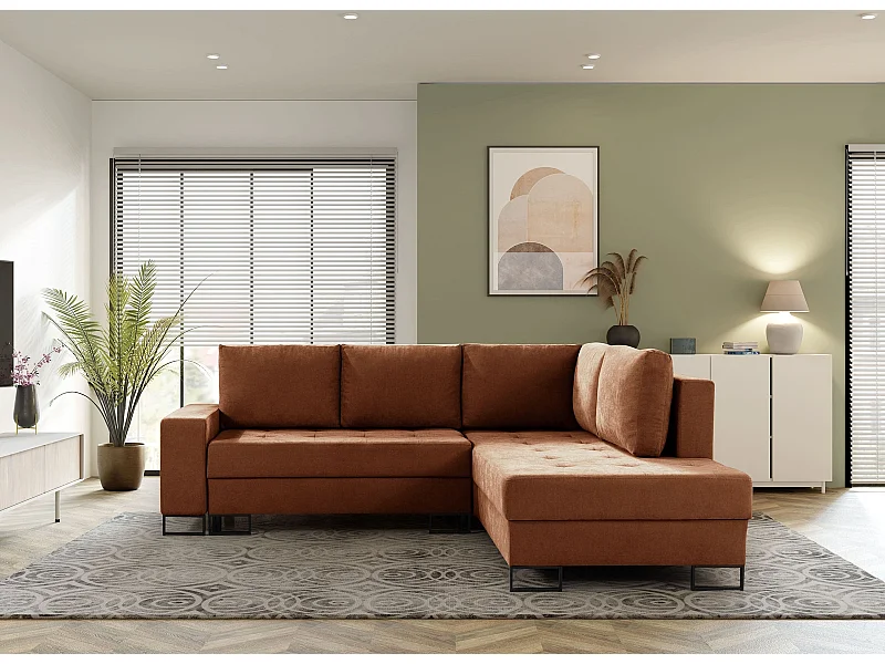 Hoekbank met Slaapfunctie Rechts Trevi - Chenille Roest Wind 56 - Metalen Poten
