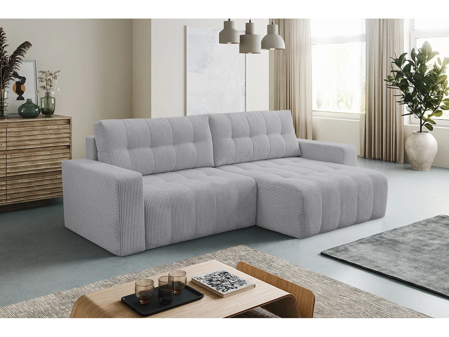 Hoekbank met Slaapfunctie Palermo - Ribfluweel Lichtgrijs Poso 55 - Opbergruimte