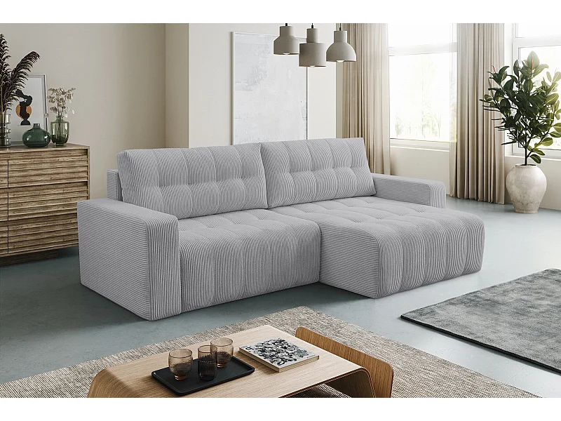 Hoekbank met Slaapfunctie Palermo - Ribfluweel Lichtgrijs Poso 55 - Opbergruimte