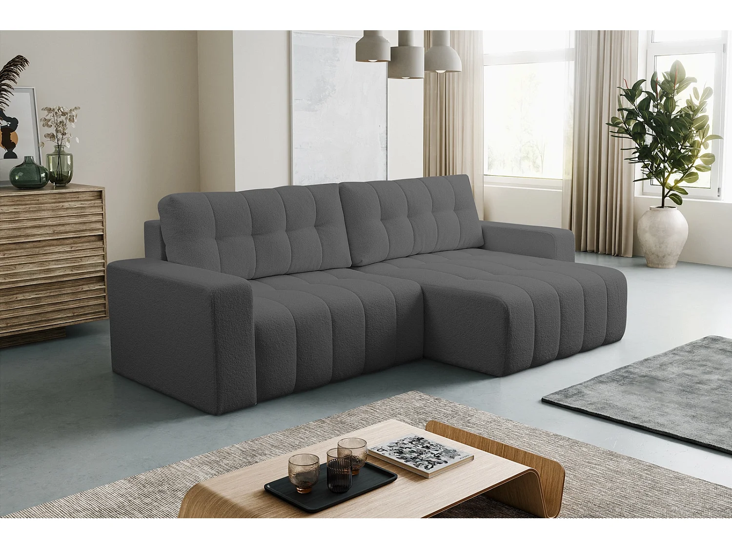 Hoekbank met Slaapfunctie Palermo - Stof Donkergrijs Bravo 10 - Opbergruimte