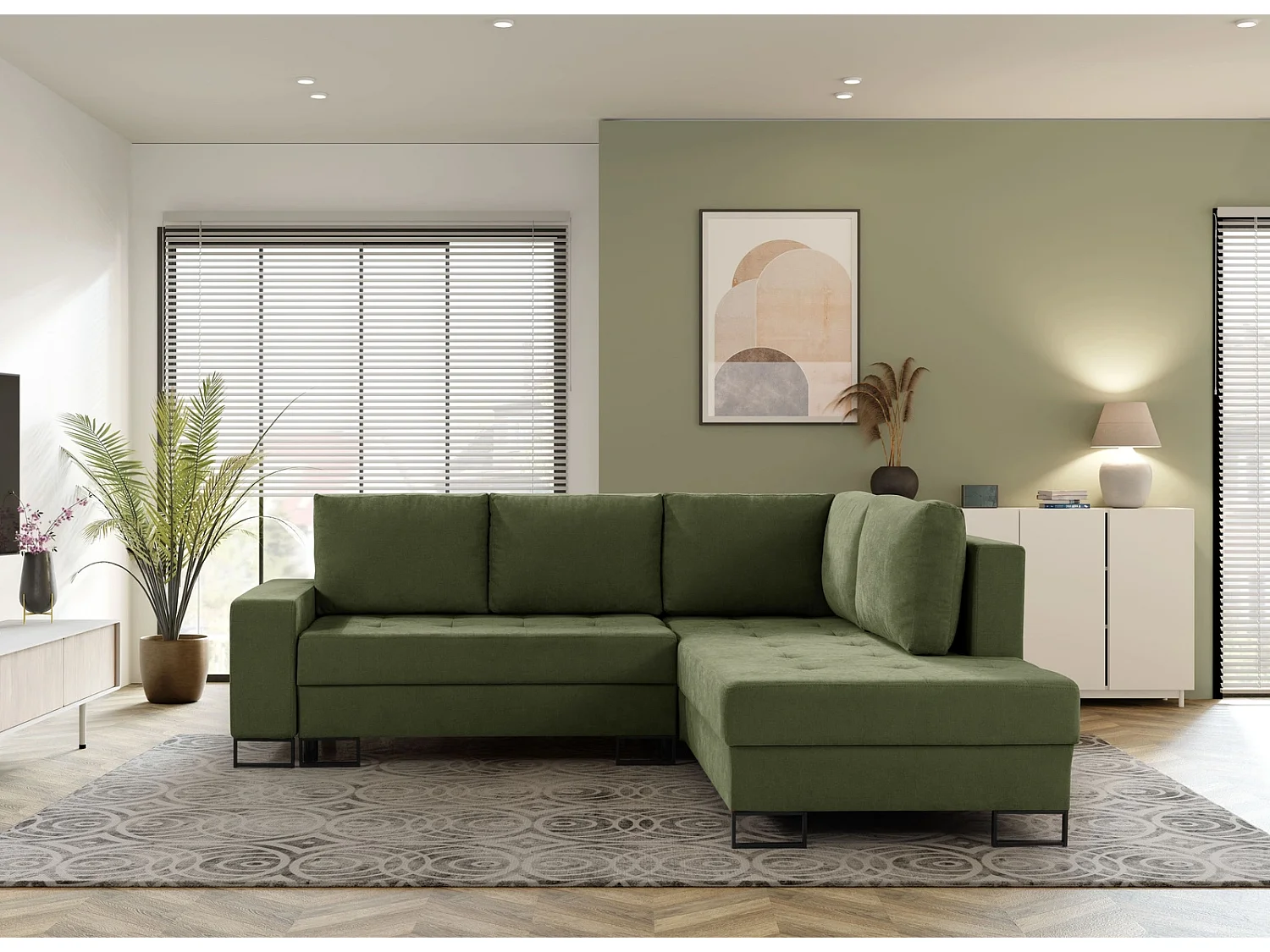 Ecksofa mit Schlaffunktion Rechts Trevi - Chenille Grün Wind 34 - Metallfüße