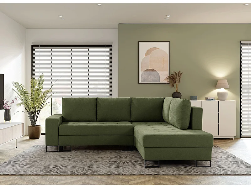 Ecksofa mit Schlaffunktion Rechts Trevi - Chenille Grün Wind 34 - Metallfüße