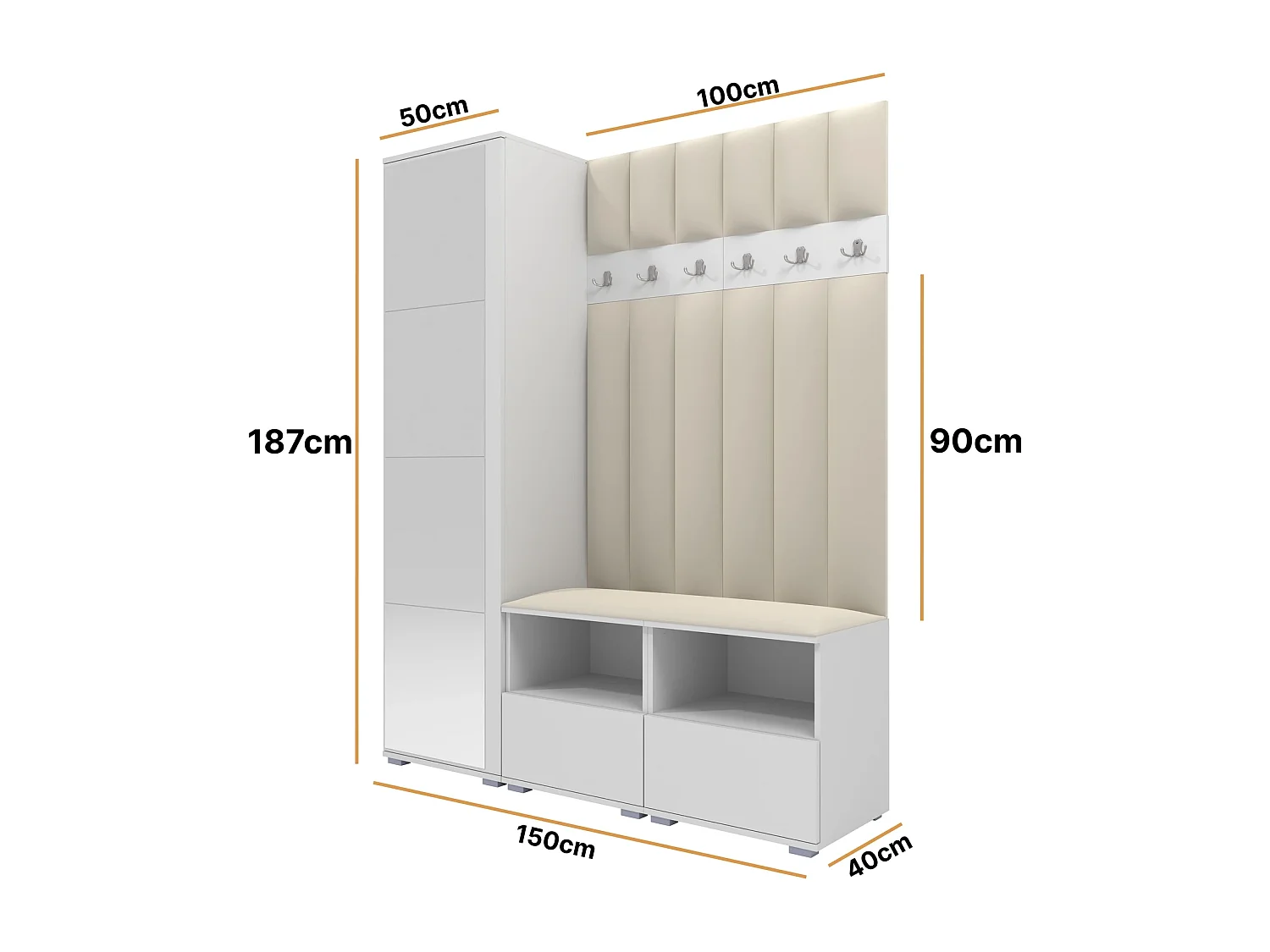Halcombinatie Nela II LUX met spiegel - 150 cm - Mat Wit - Trinity 01 - Crème