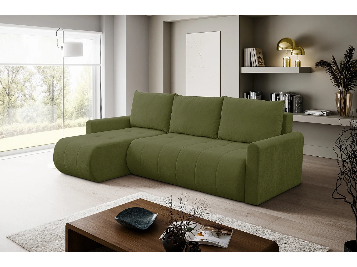 Ecksofa mit Schlaffunktion Primo - Chenille Grün Wind 34 - Bettkasten