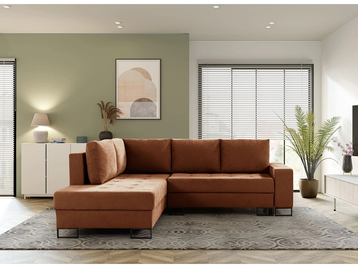 Hoekbank met Slaapfunctie Links Trevi - Chenille Roest Wind 56 - Metalen Poten