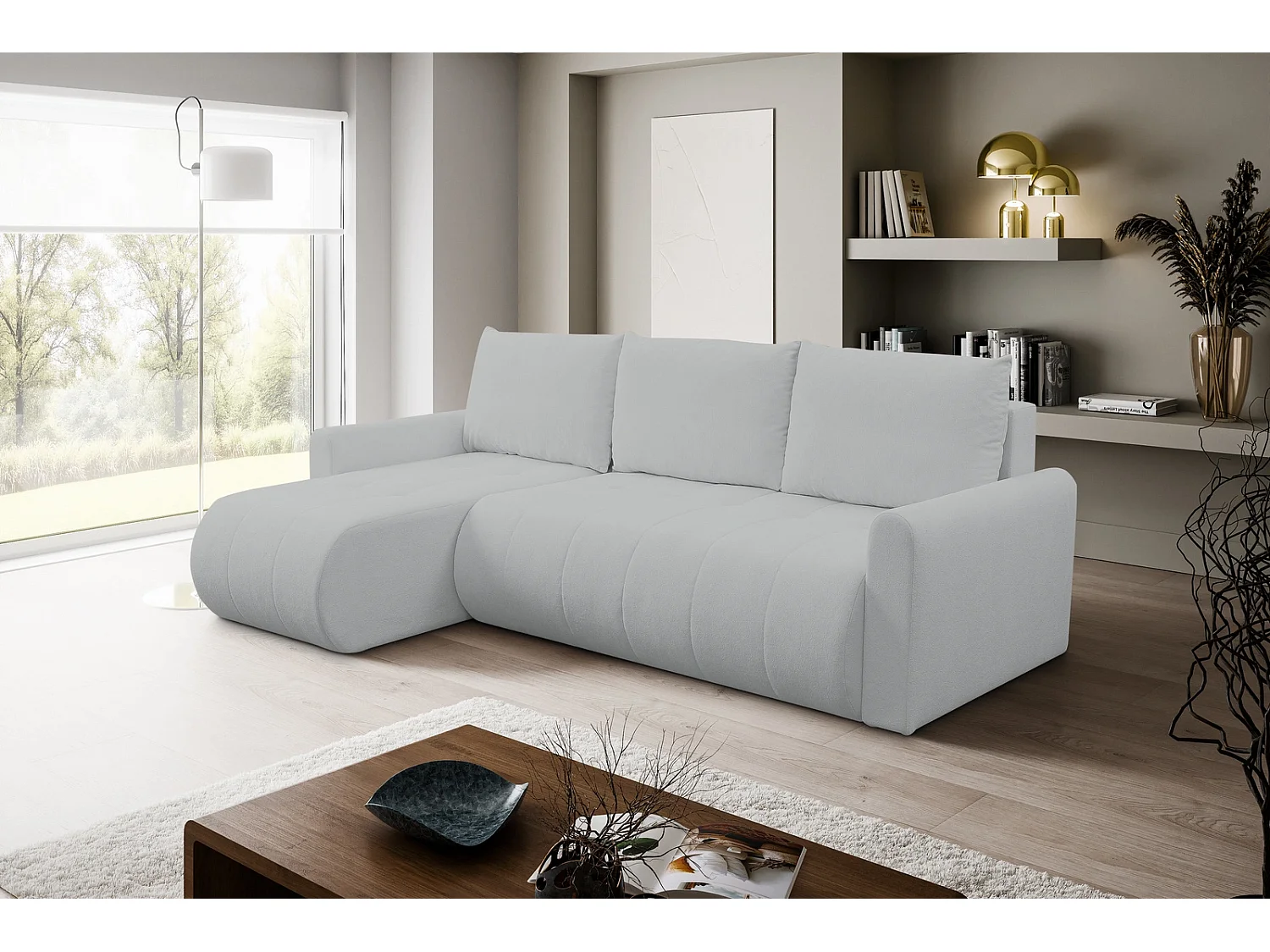 Hoekbank met Slaapfunctie Primo - Geweven Stof Grijs Gerra 65 - Opbergruimte