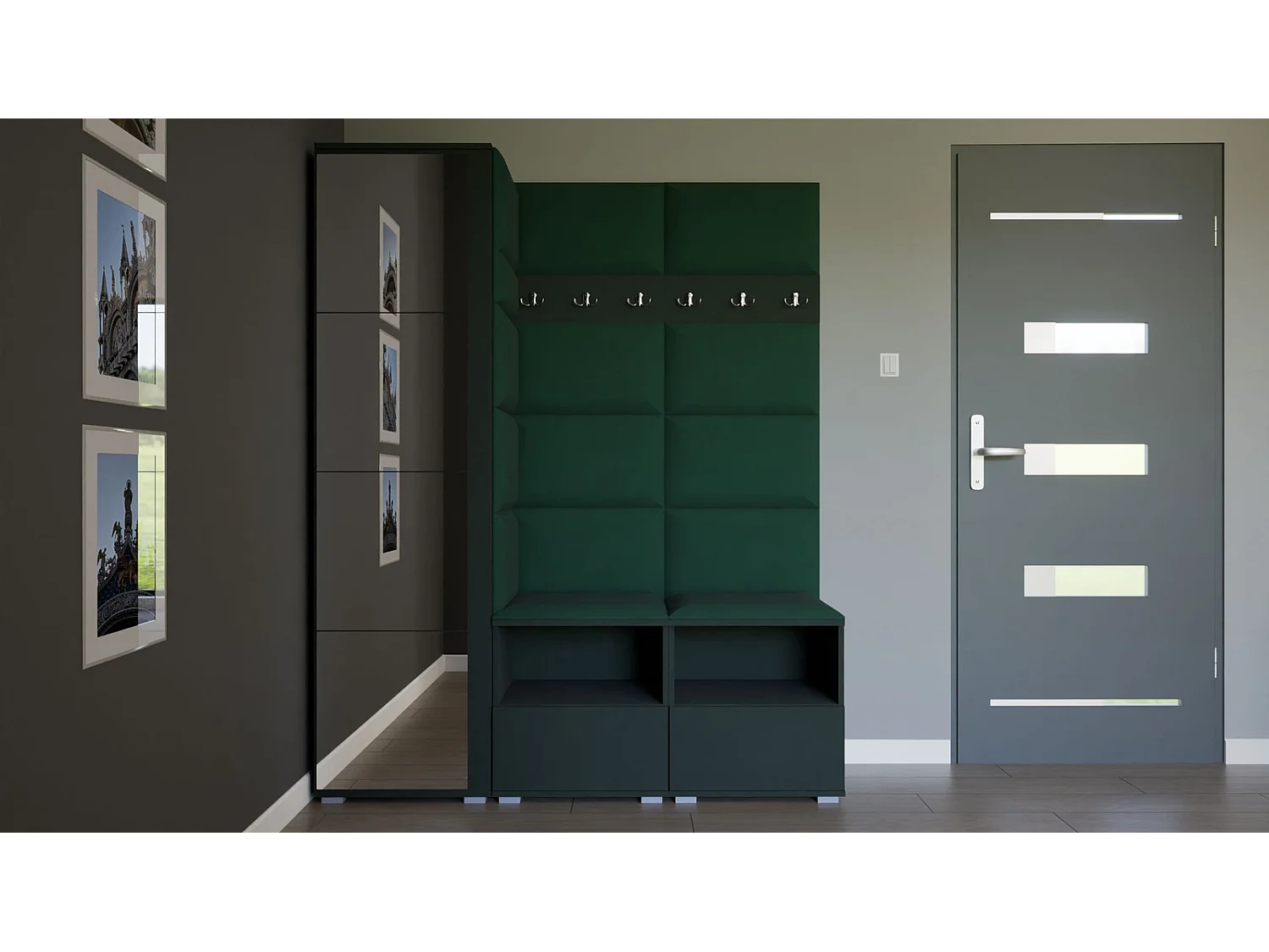 Garderobe Nela II mit Spiegel - 150 cm - Graphit - Trinity 28 - Flaschengrün