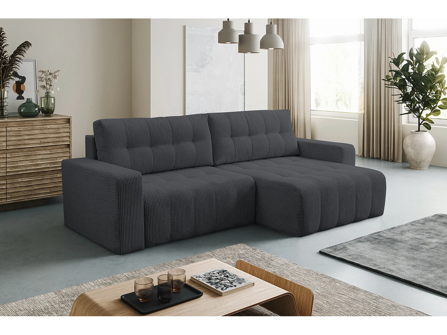 Hoekbank met Slaapfunctie Palermo - Ribfluweel Donkergrijs Poso 34 - Opbergruimte