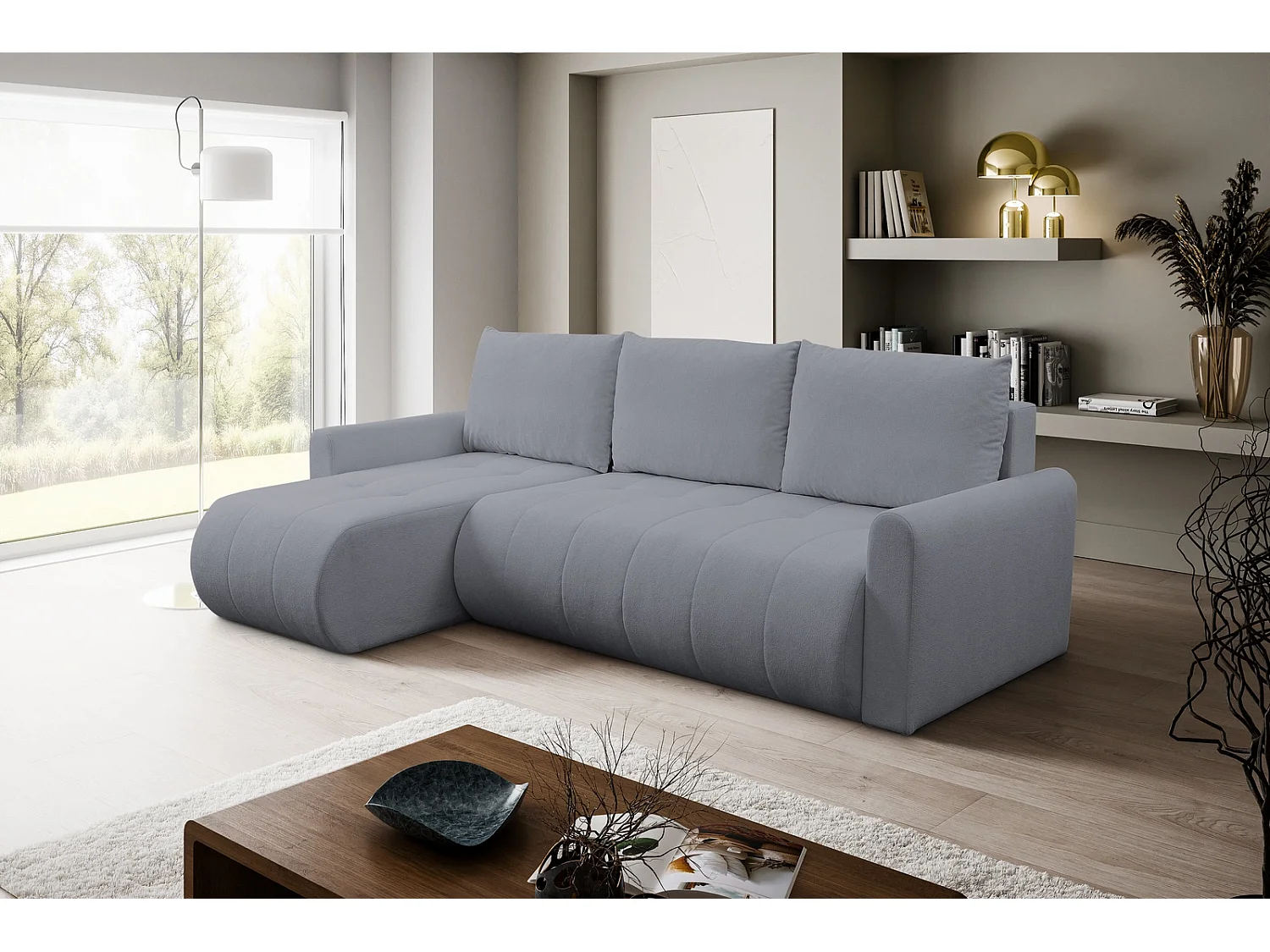 Hoekbank met Slaapfunctie Primo - Geweven Stof Asgrijs Gerra 70 - Opbergruimte