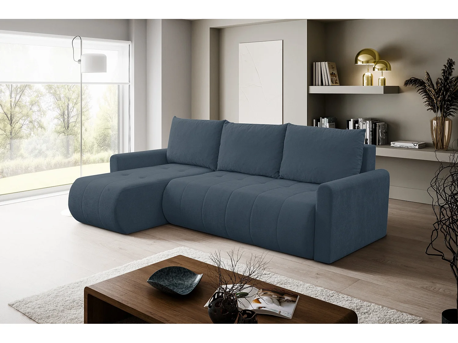 Hoekbank met Slaapfunctie Primo - Chenille Donkerblauw Wind 77 - Opbergruimte