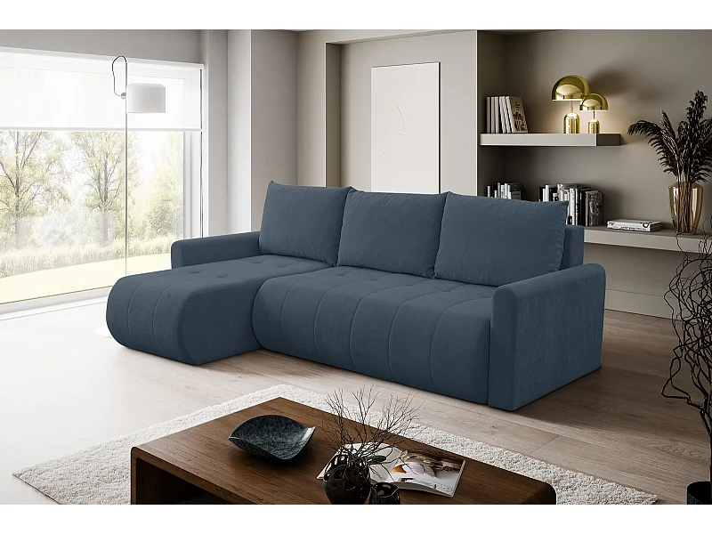 Hoekbank met Slaapfunctie Primo - Chenille Donkerblauw Wind 77 - Opbergruimte