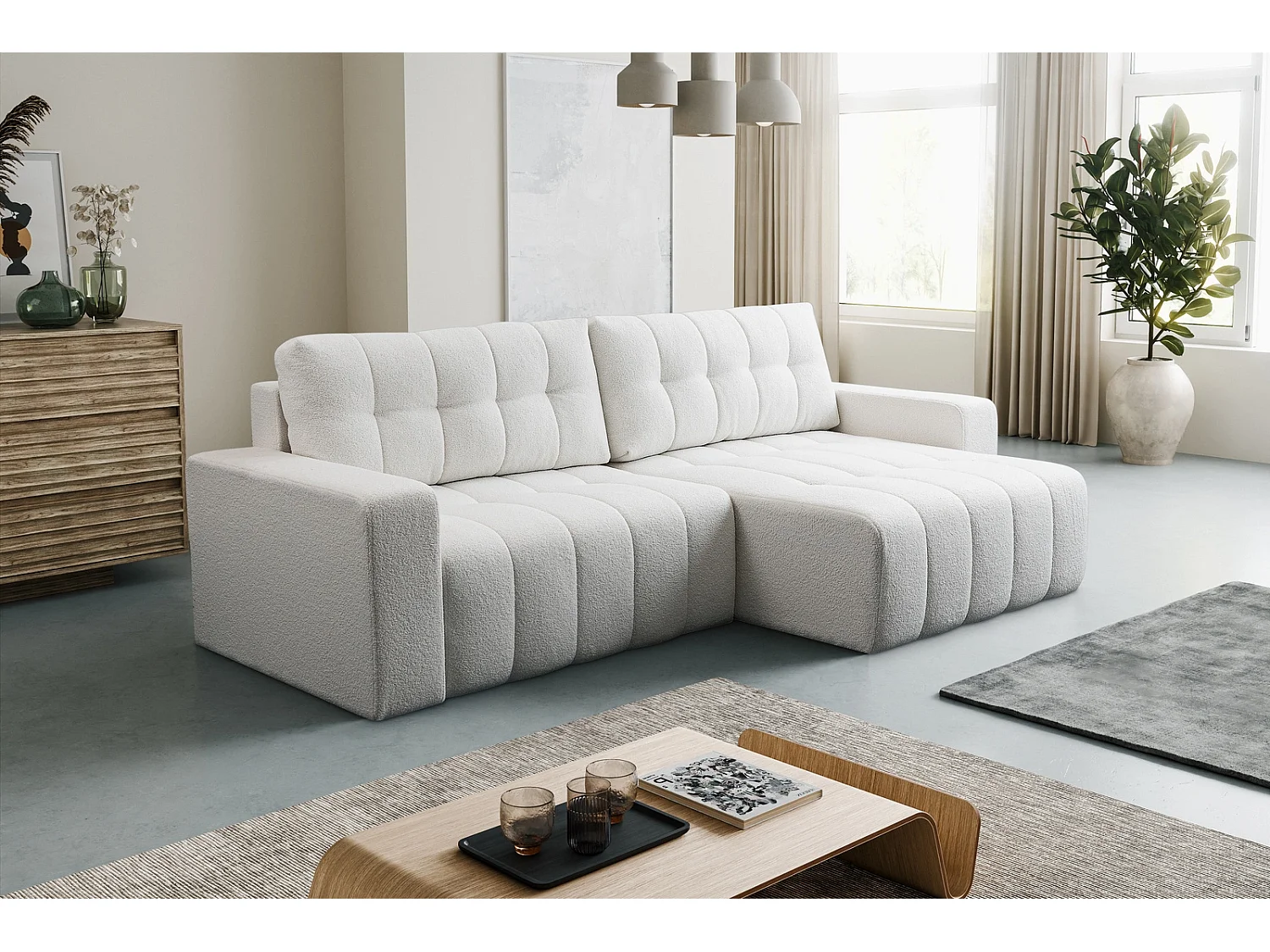 Ecksofa mit Schlaffunktion Palermo - Stoff Weiß Bravo 21 - Bettkasten