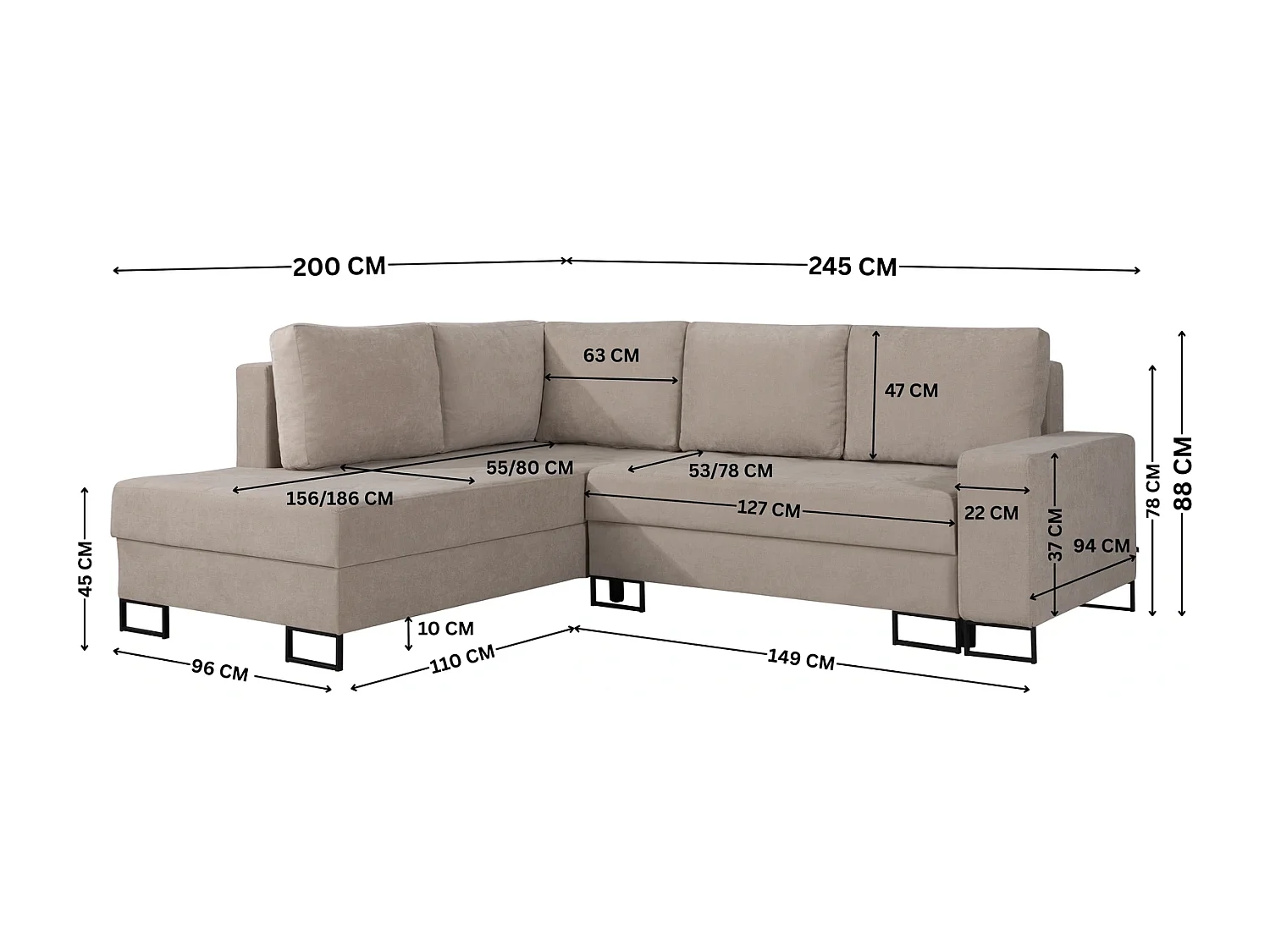 Hoekbank met Slaapfunctie Links Trevi - Chenille Beige Wind 05 - Metalen Poten