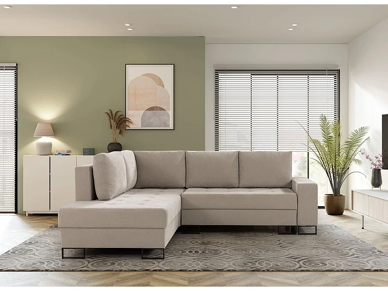 Hoekbank met Slaapfunctie Links Trevi - Chenille Beige Wind 05 - Metalen Poten
