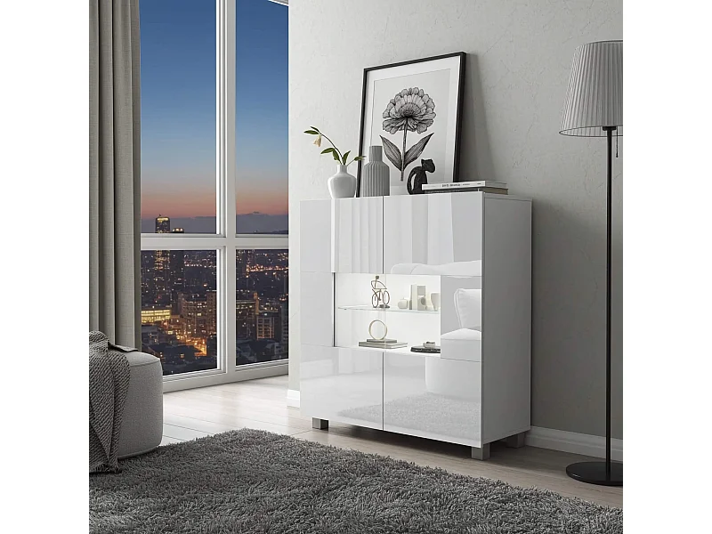 Commode Haute Montreal 100 cm - Blanc Brillant - LED Blanche Incluse