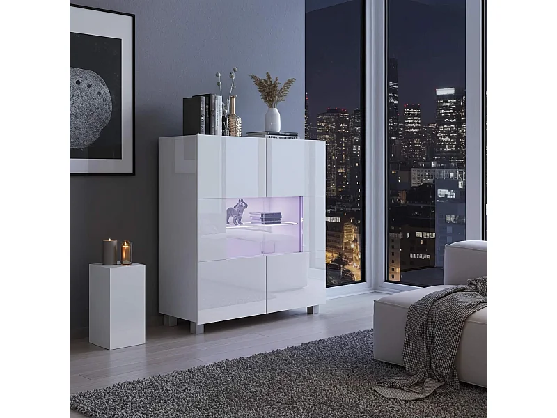 Opbergkast Montreal 100 cm - Wit Hoogglans - Incl. Blauwe LED