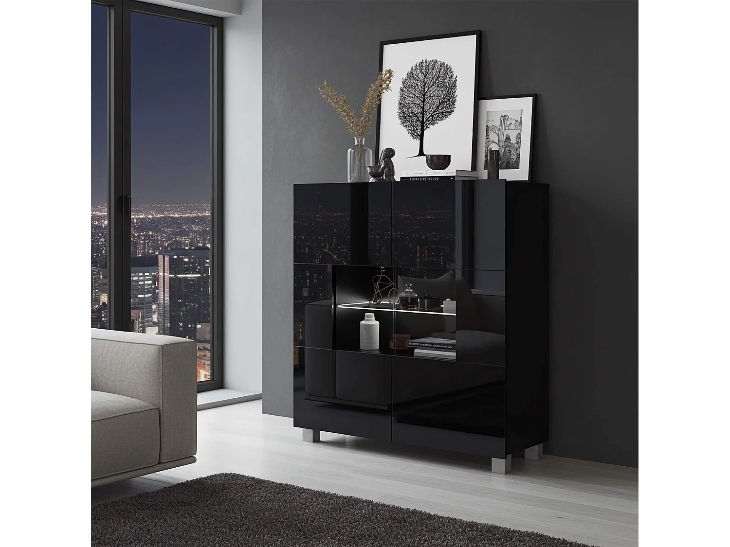 Opbergkast Montreal 100 cm - Zwart Hoogglans - Incl. Witte LED