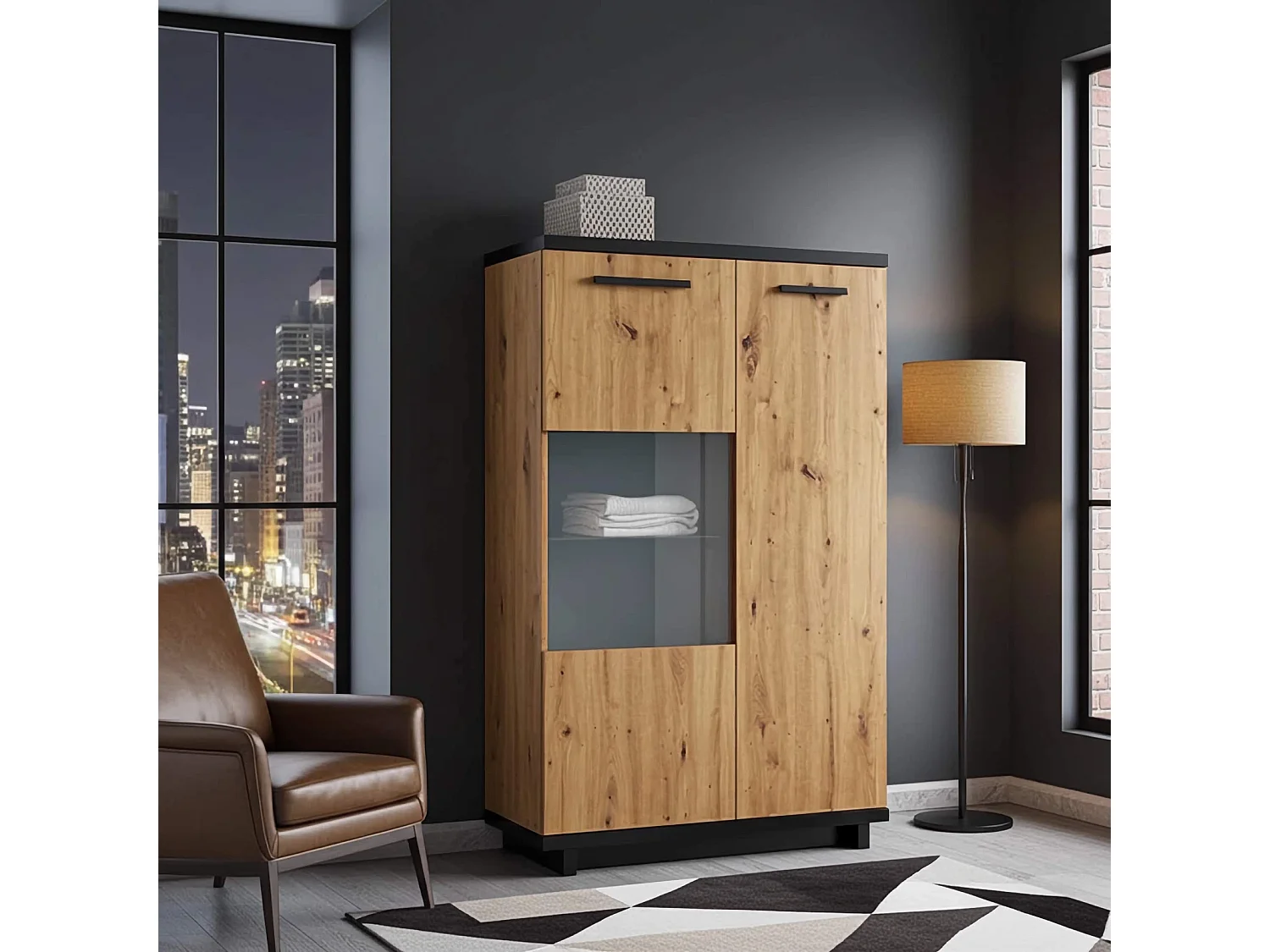 Vitrinekast Zonda 90 - Artisan Eiken / Antraciet - Incl. LED-verlichting