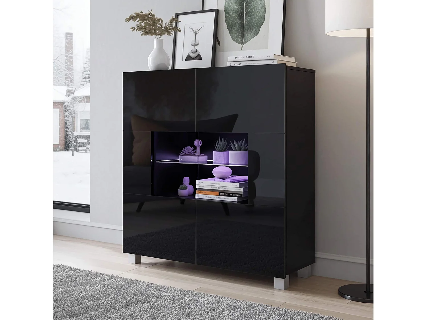 Opbergkast Montreal 100 cm - Zwart Hoogglans - Incl. Blauwe LED