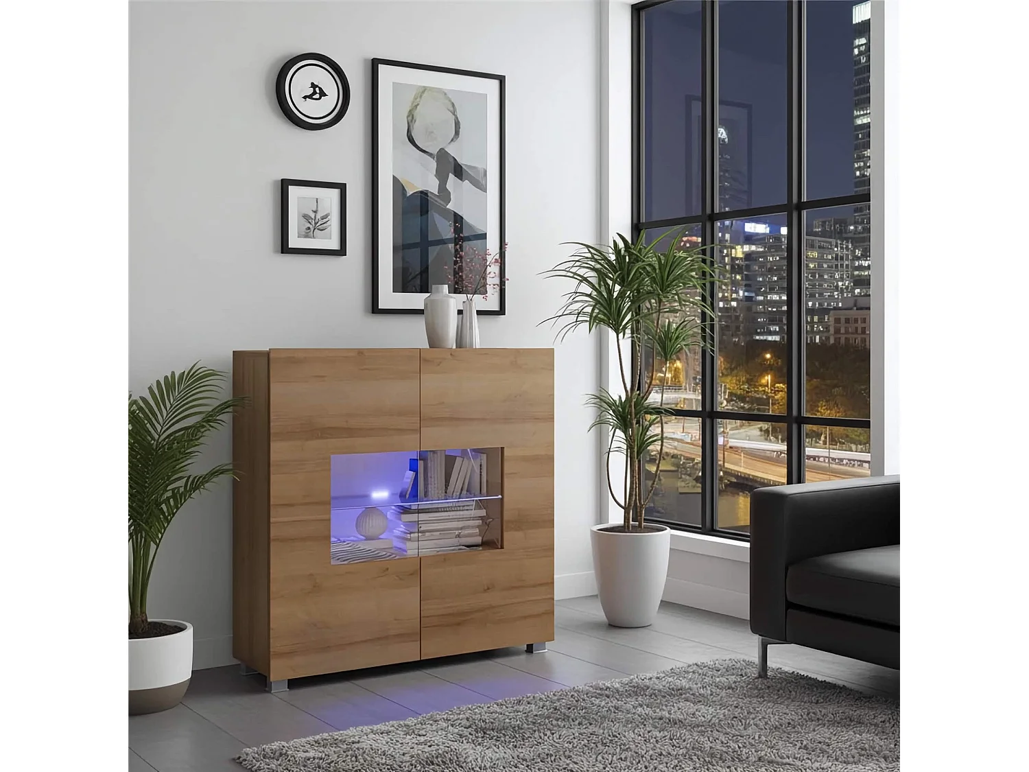 Commode Haute Montreal 100 cm - Chêne Doré - LED Bleue Incluse
