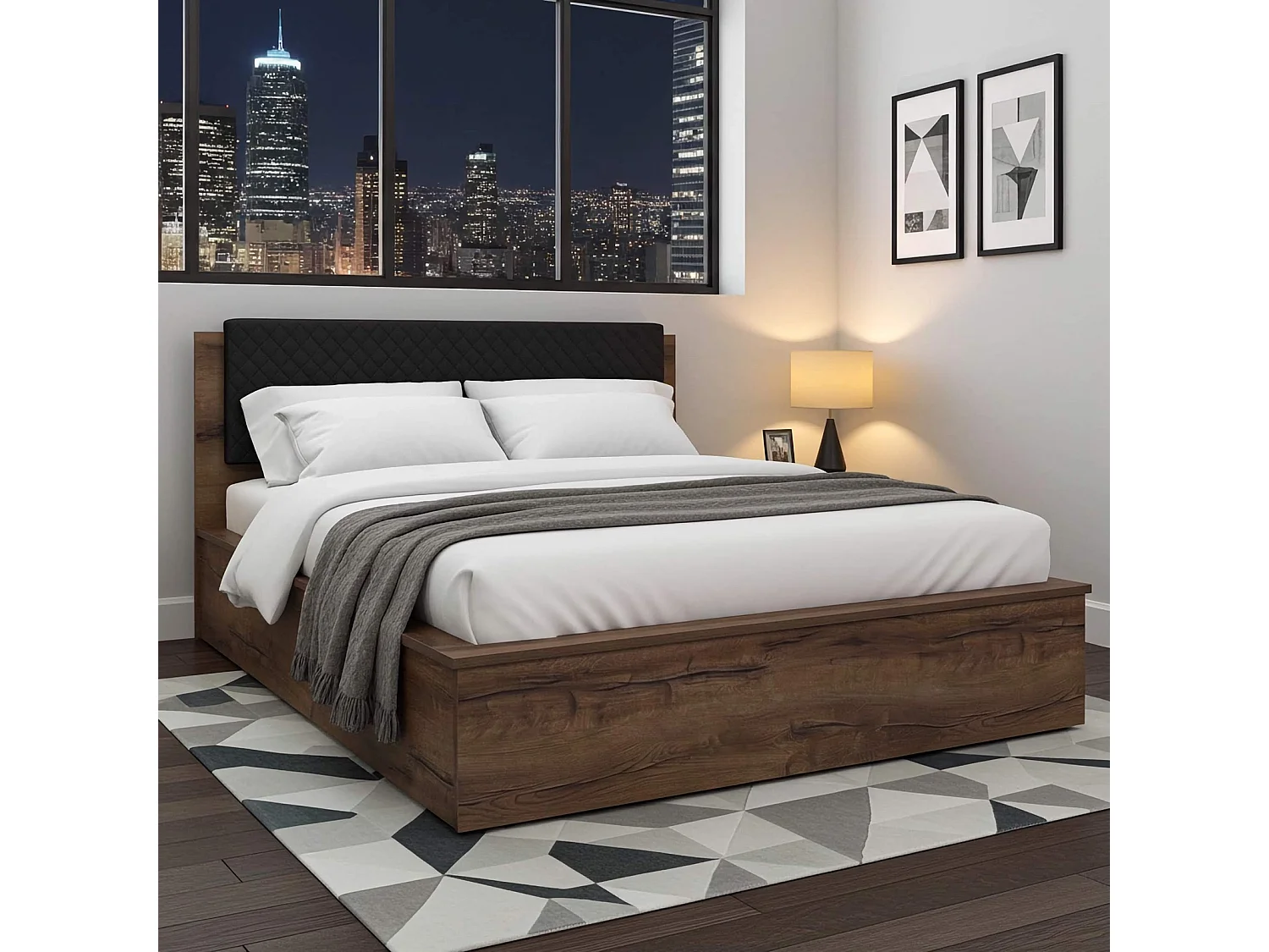 Tweepersoonsbed Martin 160x200 cm - Monastery Eiken / Zwart Kunstleer - Incl. Pocketveringmatras Kokos