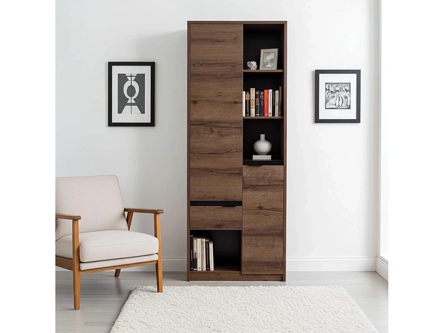 Bibliothèque Martin 80 cm - Chêne Monastery / Noir Brillant - 2 Portes 1 Tiroir