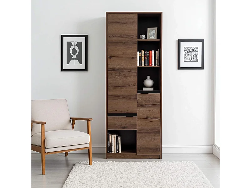 Bibliothèque Martin 80 cm - Chêne Monastery / Noir Brillant - 2 Portes 1 Tiroir