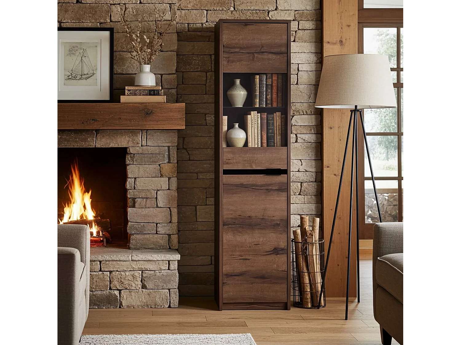 Vitrine Martin 50 cm - Eiche Monastery / Schwarz Hochglanz