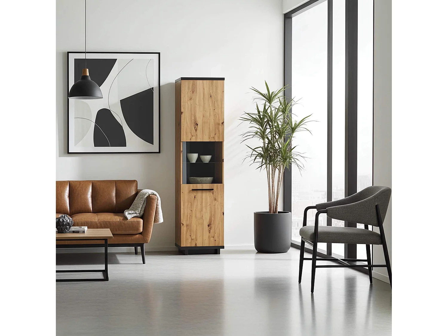 Hochvitrine Zonda 50 - Eiche Artisan / Anthrazit - Inkl. LED-Beleuchtung