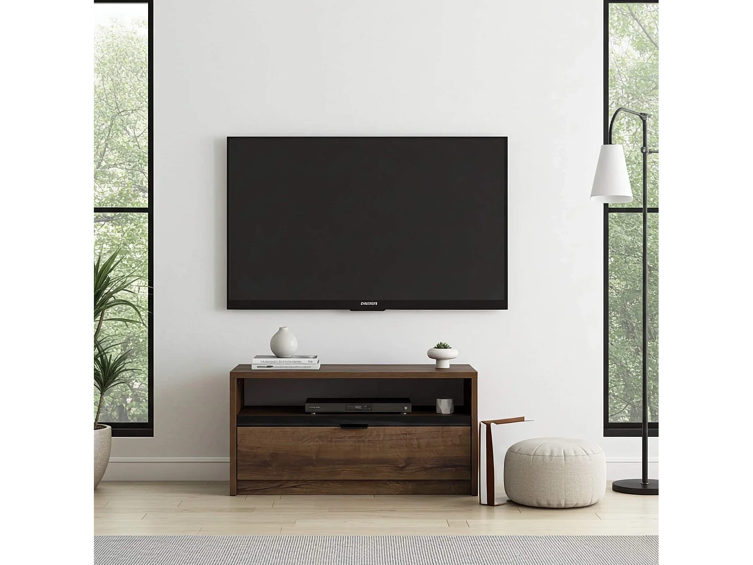 Petit Meuble TV Martin 90 cm - Chêne Monastery / Noir Brillant - 1 Tiroir