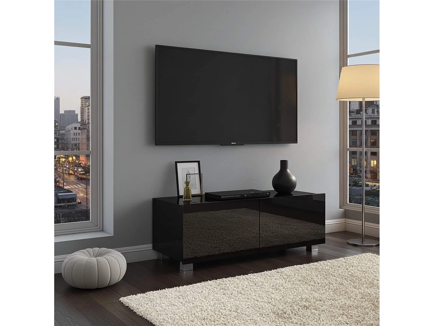 Lowboard Montreal 100 cm - Schwarz / Schwarz Hochglanz - Wandmontage oder Stehend